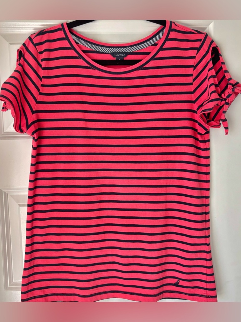 Nautica Striped Tee Small Red Navy Short Sleeve With Tie Detail Casual Top